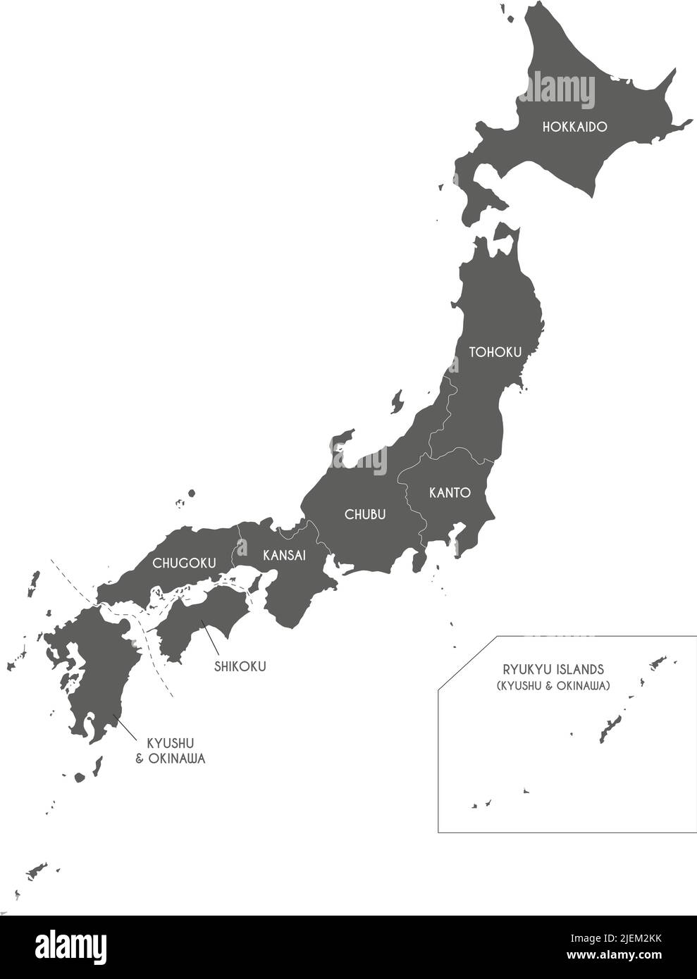 Carte vectorielle du Japon avec régions et divisions administratives. Calques modifiables et clairement étiquetés. Illustration de Vecteur
