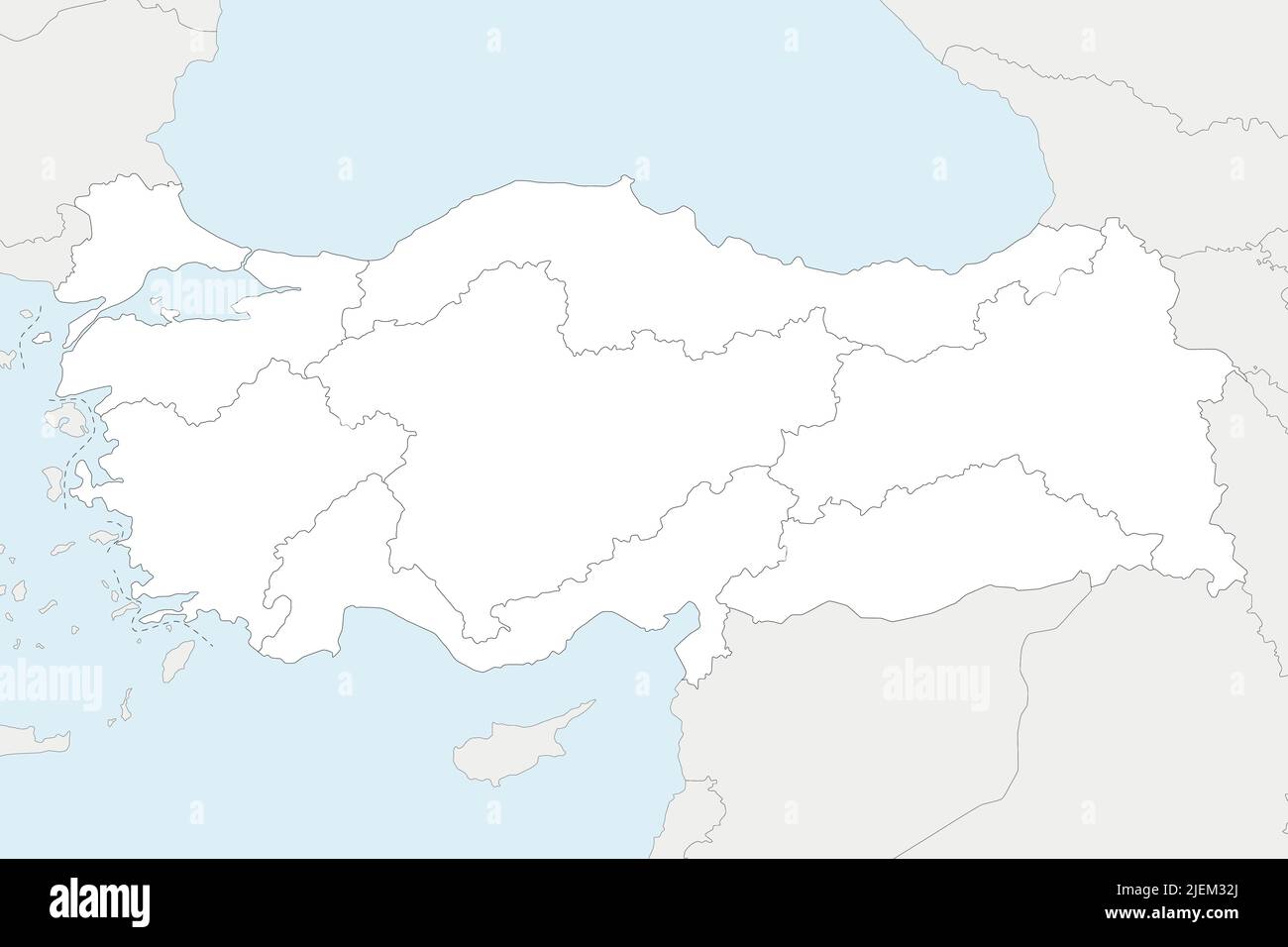Carte vierge vectorielle de la Turquie avec régions et divisions géographiques et pays voisins. Calques modifiables et clairement étiquetés. Illustration de Vecteur