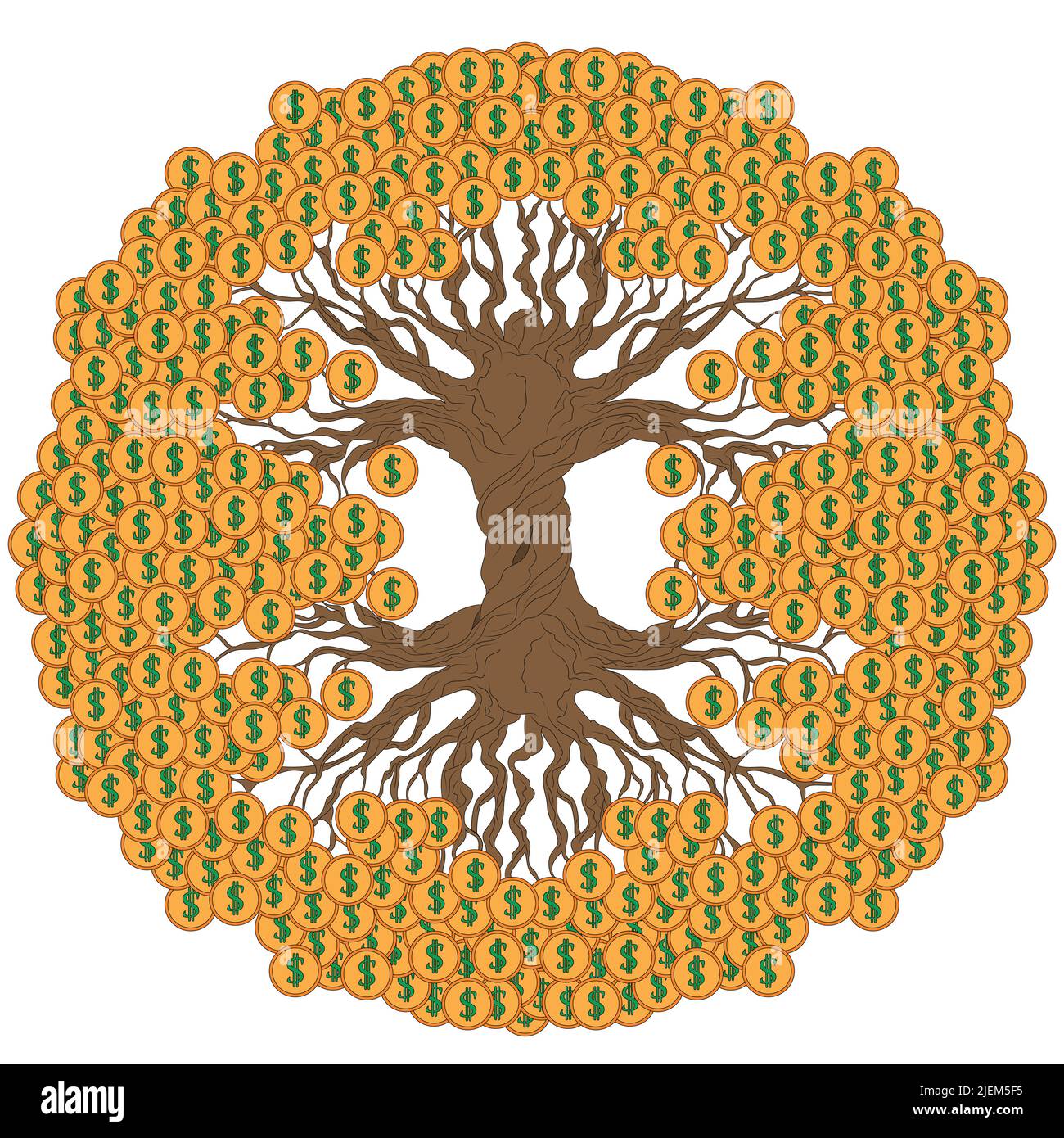 Arbre monétaire avec pièces en dollars. Un symbole de feng shui traditionnel pour attirer la richesse et la prospérité. Illustration couleur. Illustration de Vecteur