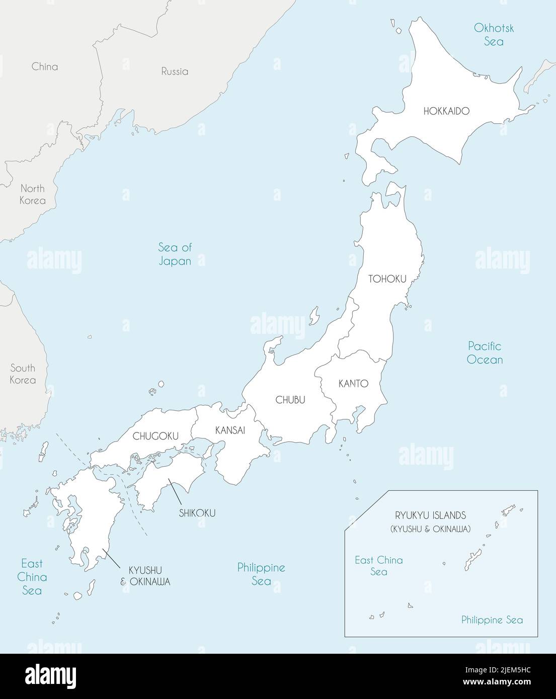 Carte vectorielle du Japon avec régions et divisions administratives et pays voisins. Calques modifiables et clairement étiquetés. Illustration de Vecteur