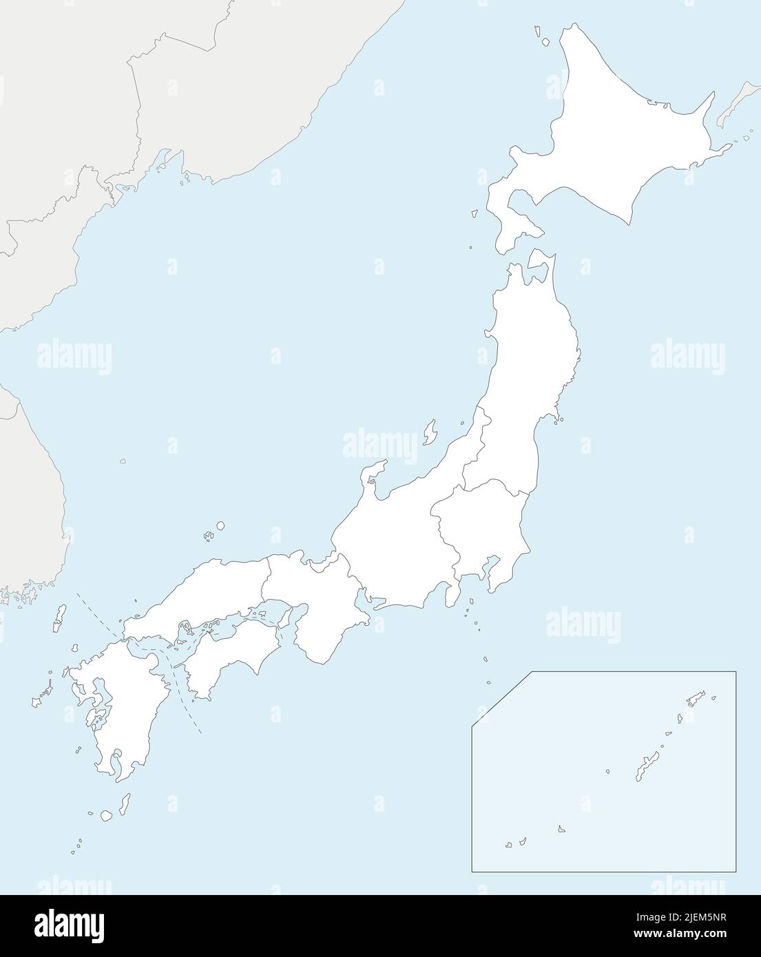 Carte vierge vectorielle du Japon avec régions et divisions administratives, et pays voisins. Calques modifiables et clairement étiquetés. Illustration de Vecteur