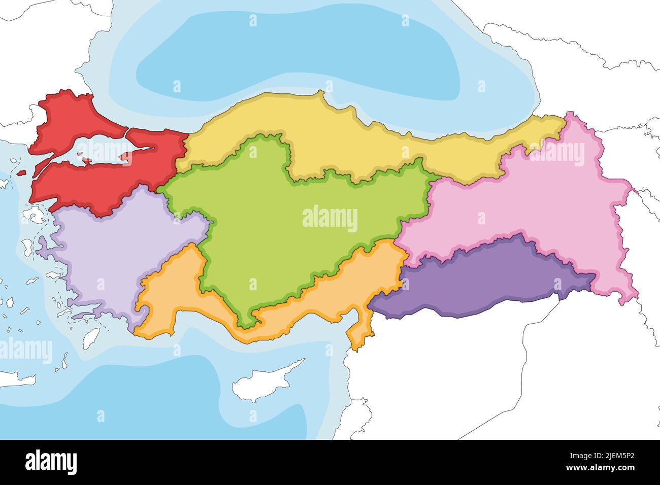 Vector a illustré une carte vierge de la Turquie avec des régions et des divisions géographiques, ainsi que des pays voisins. Calques modifiables et clairement étiquetés. Illustration de Vecteur