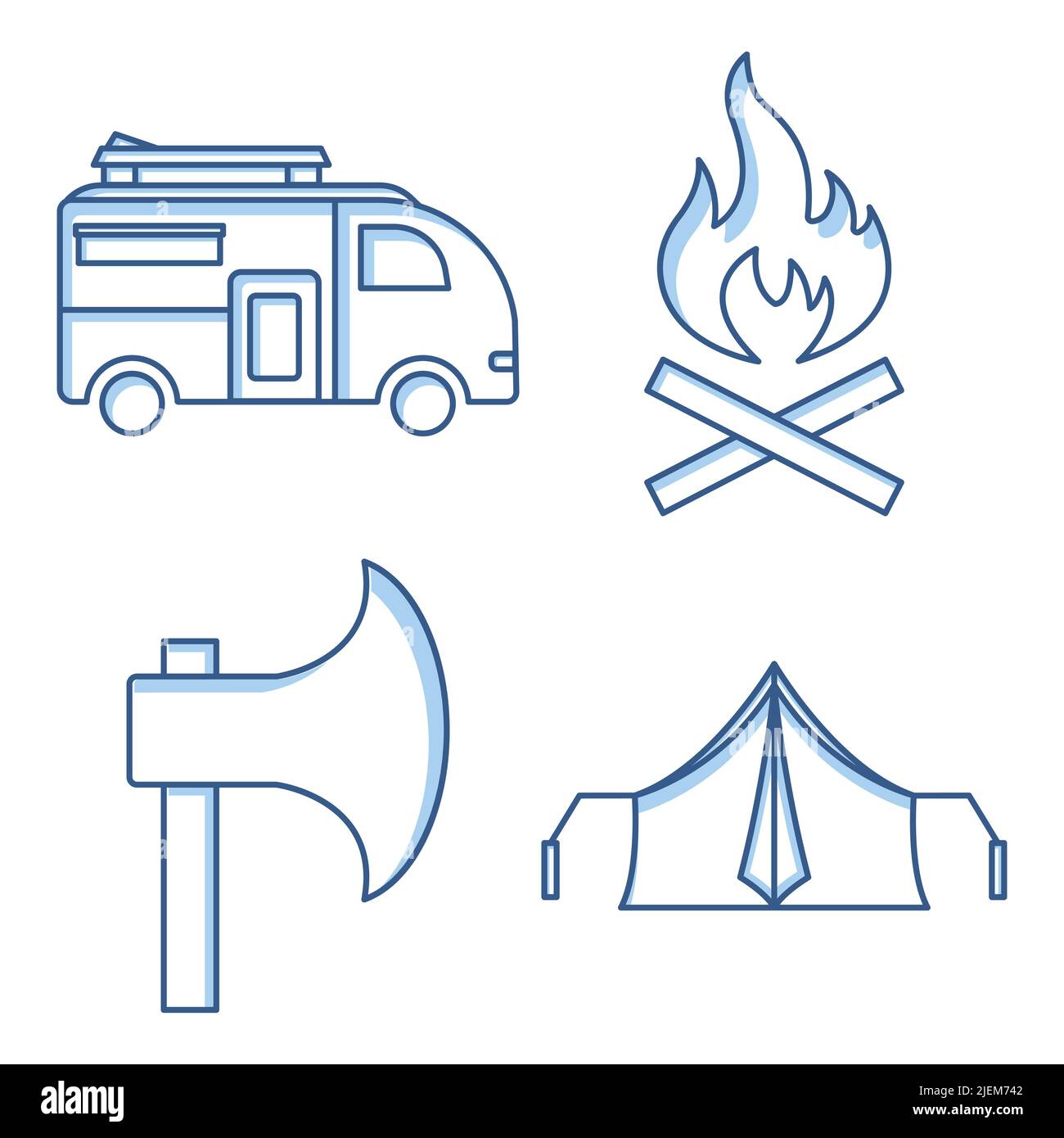 Icône Camping Set. Contient des icônes telles que voiture de camping, Bonfire, Ax, tente. Style d'icône bicolore. Conception simple modifiable Illustration de Vecteur