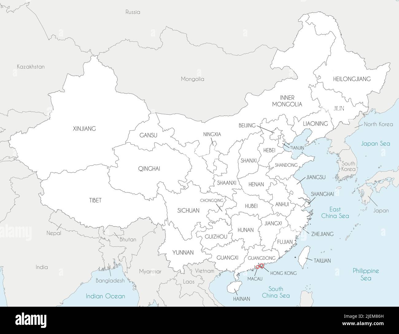 Carte vectorielle de la Chine avec les provinces, les régions et les divisions administratives, ainsi que les pays voisins. Calques modifiables et clairement étiquetés. Illustration de Vecteur