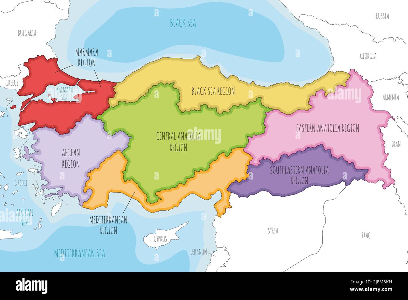 Carte vectorielle illustrée de la Turquie avec régions et divisions géographiques, et pays voisins. Calques modifiables et clairement étiquetés. Illustration de Vecteur