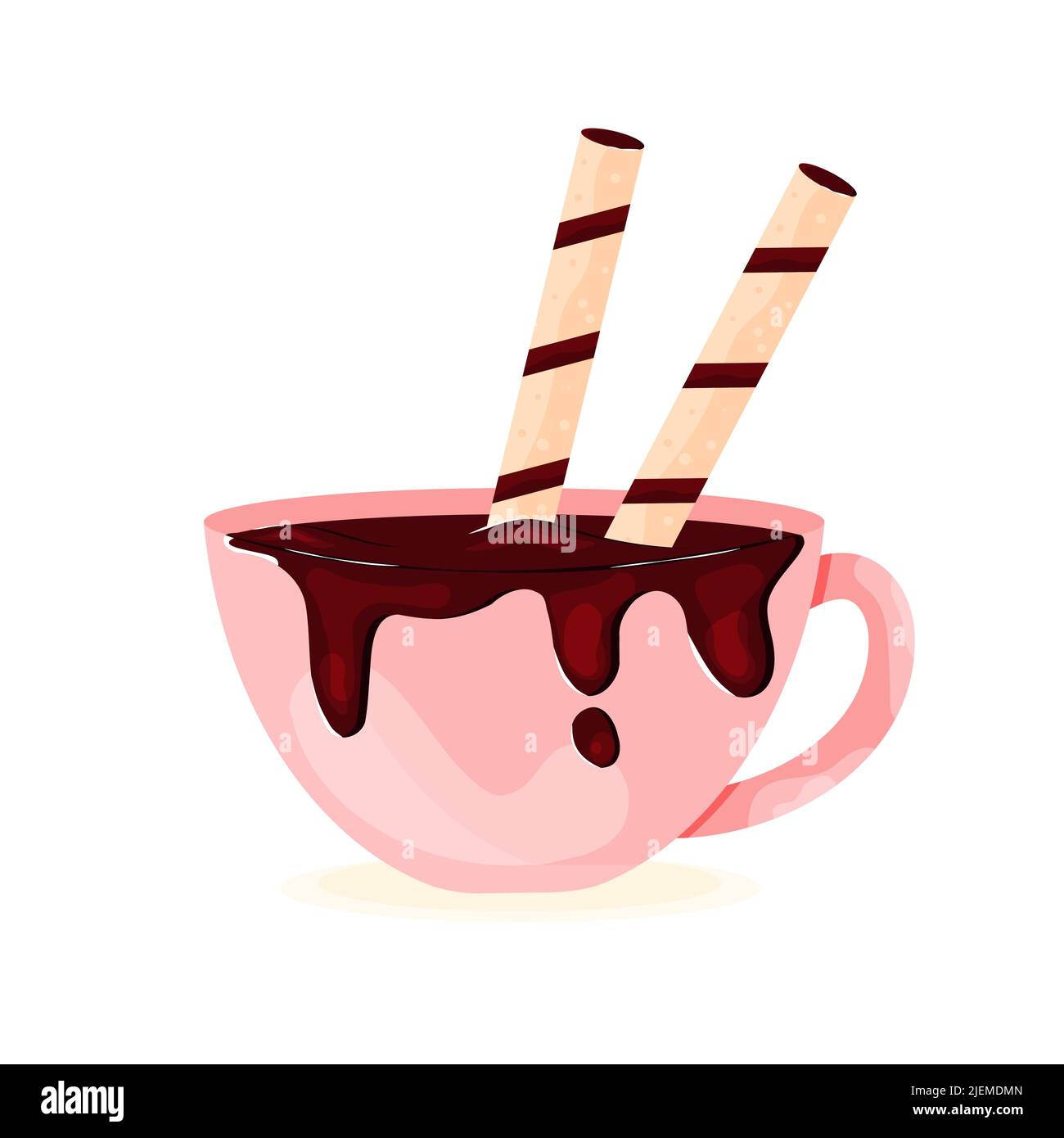 Tasse de chocolat chaud en porcelaine avec concept de tubes Wafer Sweet Coffee Shop Illustration de Vecteur