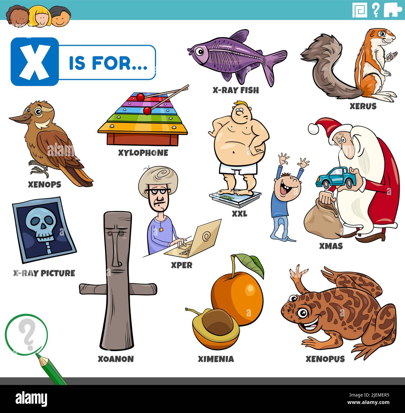 Illustration de dessin animé pédagogique pour les enfants avec des personnages de bande dessinée et des objets définis pour la lettre X. Illustration de Vecteur