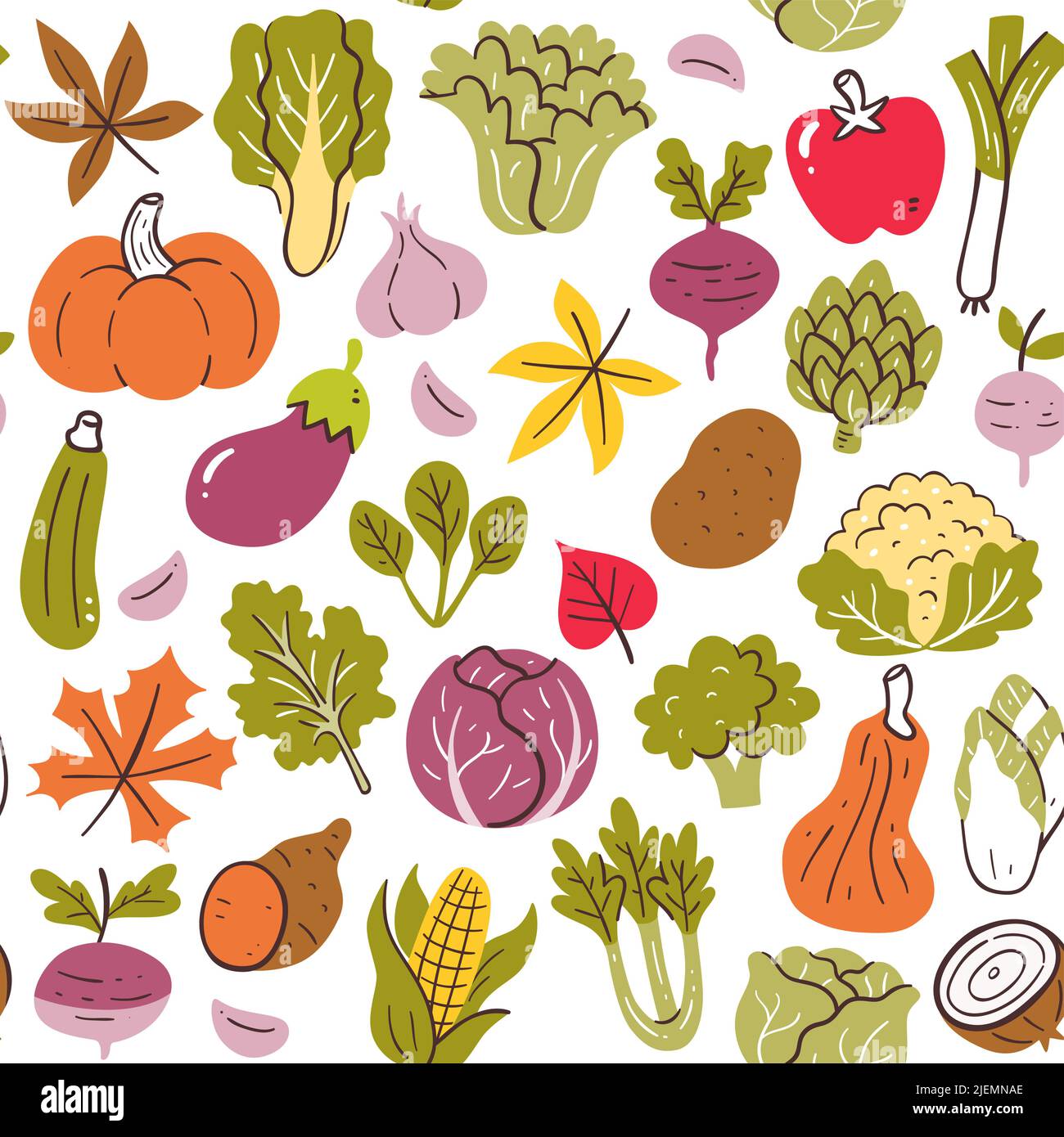 Motif coloré de légumes de saison d'automne sans couture. Légumes isolés sur fond blanc. Illustration vectorielle. Illustration de Vecteur