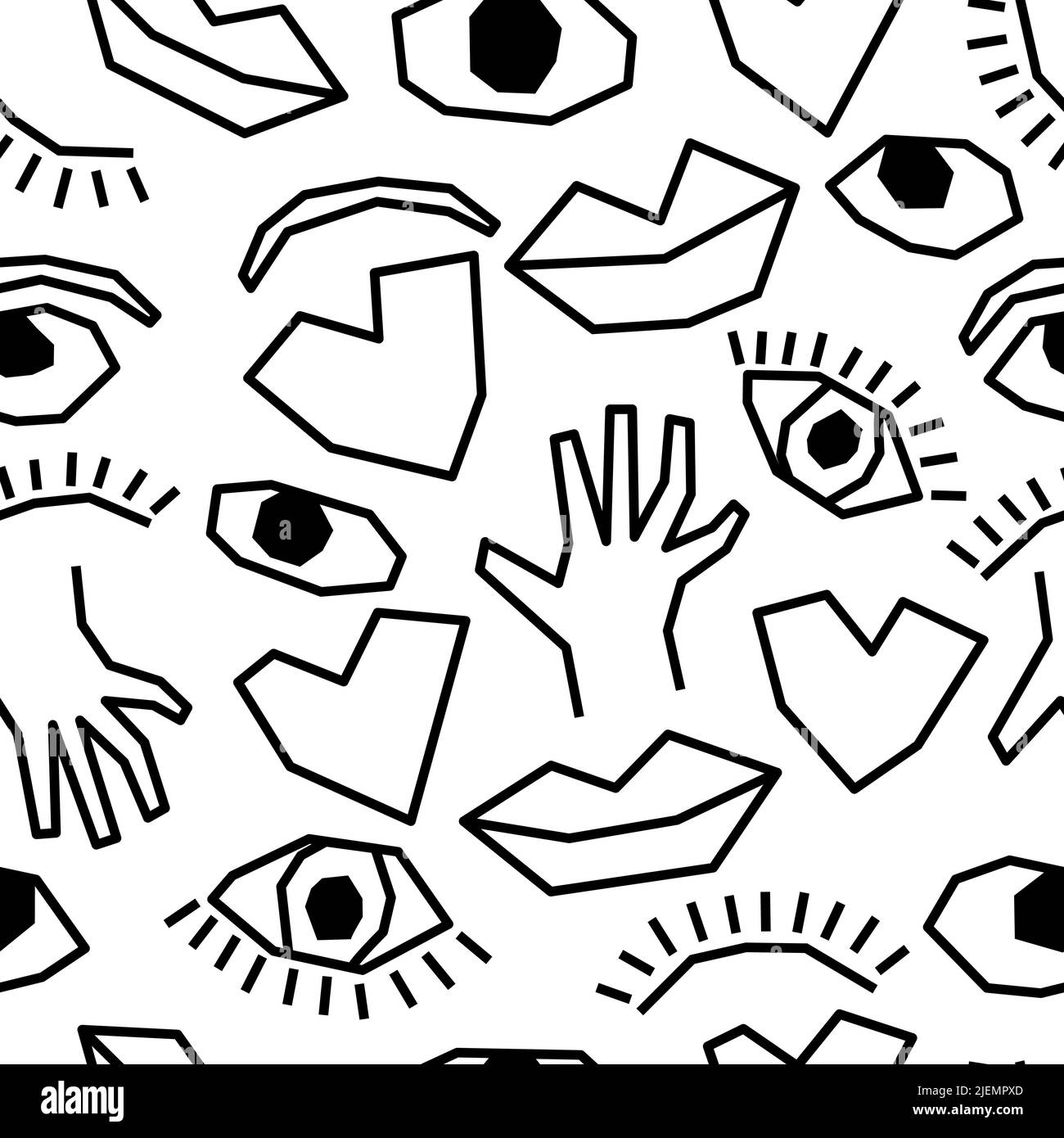 Motif sans couture parties du corps motif, coeur oeil lèvres oneline style sur blanc Illustration de Vecteur