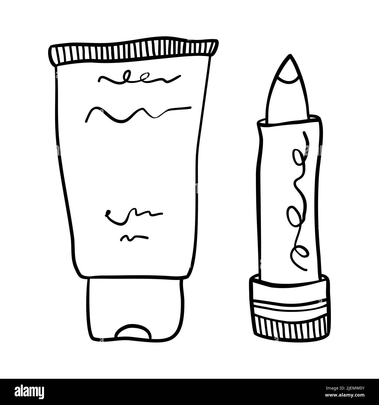 Ensemble d'objets cosmétiques de style minimaliste dessiné à la main. Bouteille de crème et silhouette ouverte de rouge à lèvres Illustration de Vecteur