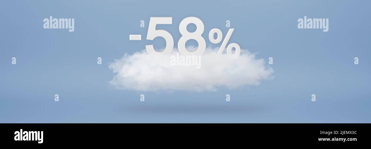 Remise de 58 %. Remises importantes, jusqu'à cinquante-huit pour cent. 3D chiffres flottent sur un nuage sur fond bleu. Copier l'espace. Bannière publicitaire Banque D'Images