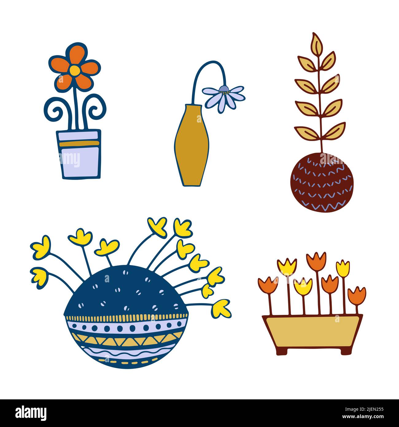 Ensemble de fleurs dans un vase et un pot de fleurs. Illustration de Vecteur