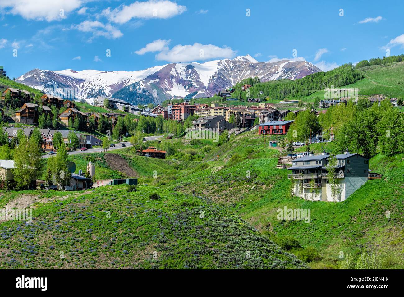 Mont Crested Butte, Etats-Unis - 20 juin 2019: Village de Mt Crested Butte Resort en été avec l'herbe colorée et les maisons d'hébergement en bois sur les collines avec Banque D'Images