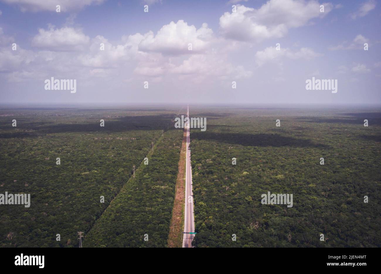 Vue aérienne de la forêt tropicale verte dans la péninsule du Yucatan avec la route de la jungle comme ligne de guidage et l'ombre des nuages sur la forêt par une journée ensoleillée Banque D'Images