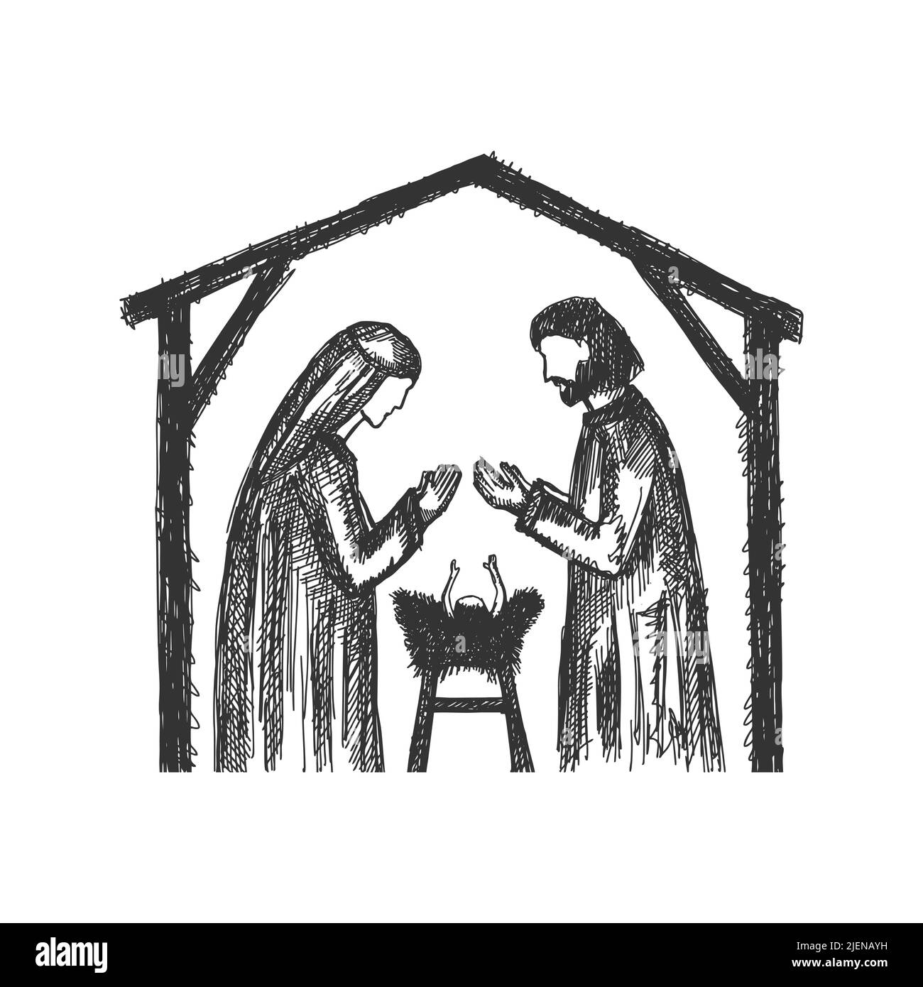 Dessin d'une scène de nativité. Joseph et Marie avec le petit Jésus dans une écurie, une grotte. Illustration de Vecteur