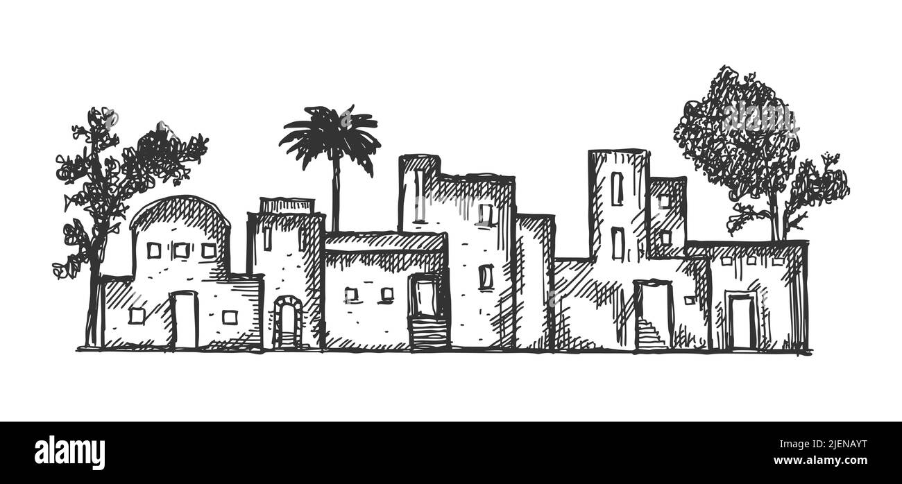 Une ancienne ville orientale dessinée à la main. Le village de Bethléem, Jérusalem, Judée. Illustration de Vecteur