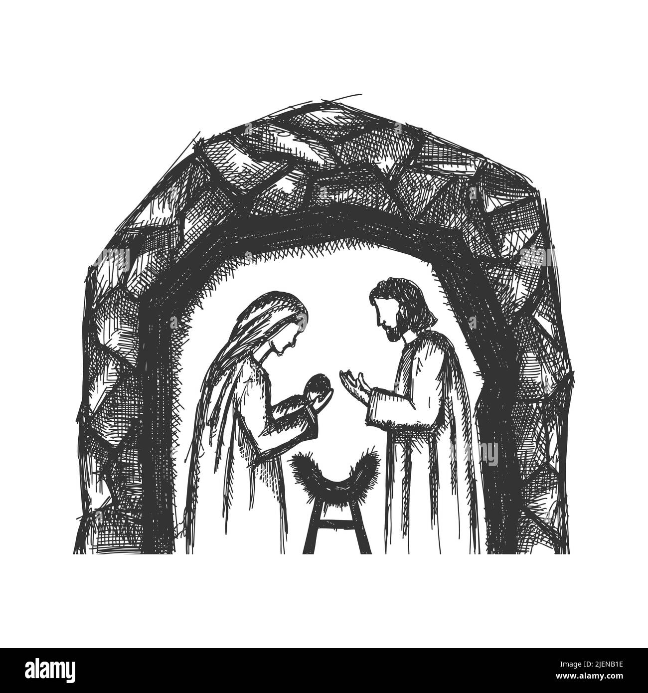 Dessin d'une scène de nativité. Joseph et Marie avec le petit Jésus dans une écurie, une grotte. Illustration de Vecteur