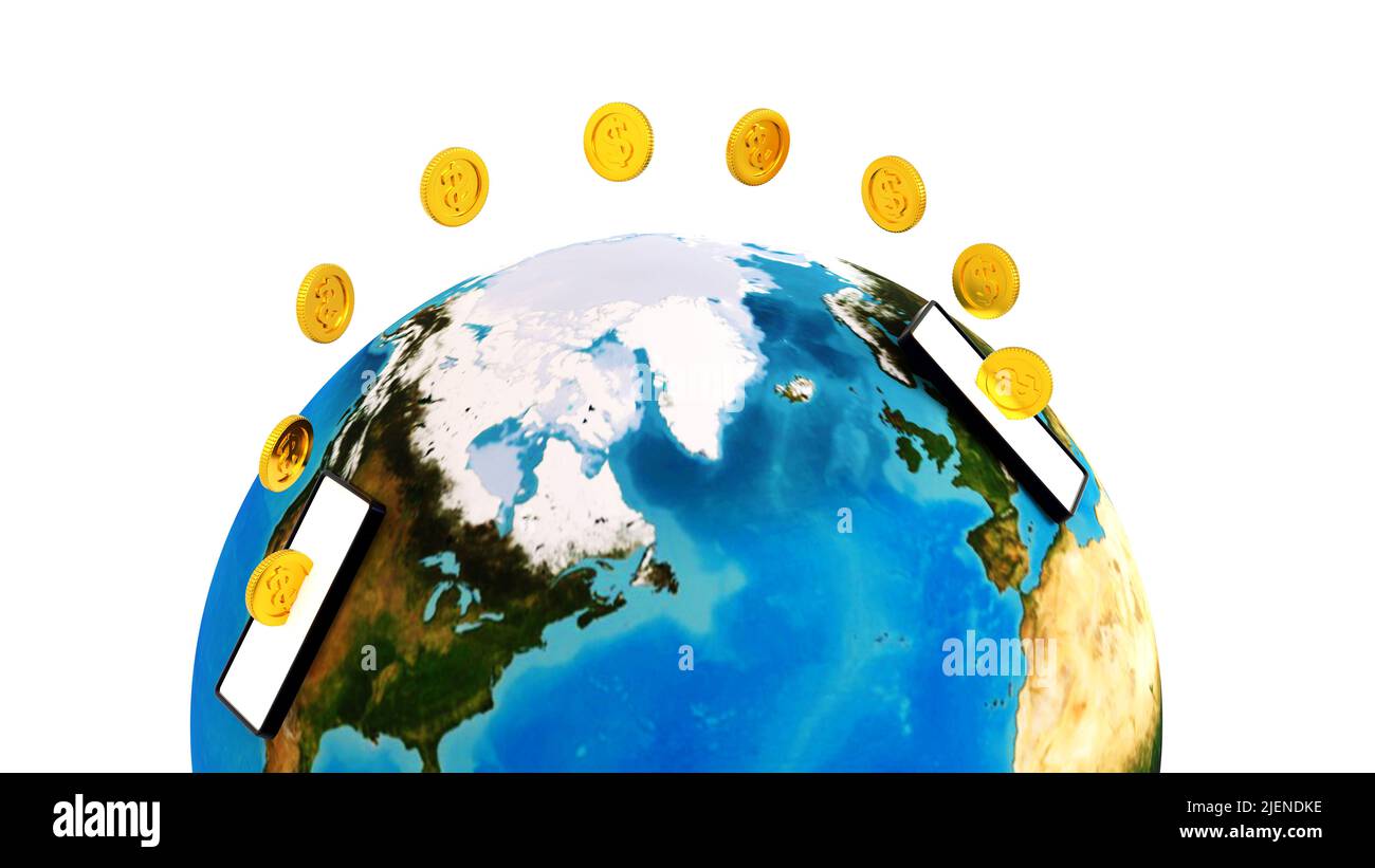 Concept de banque mobile, transfert de pièces de monnaie d'un smartphone à un autre téléphone portable, e-portefeuille de transfert d'argent en ligne, rendu 3D. Elément par la NASA. Banque D'Images