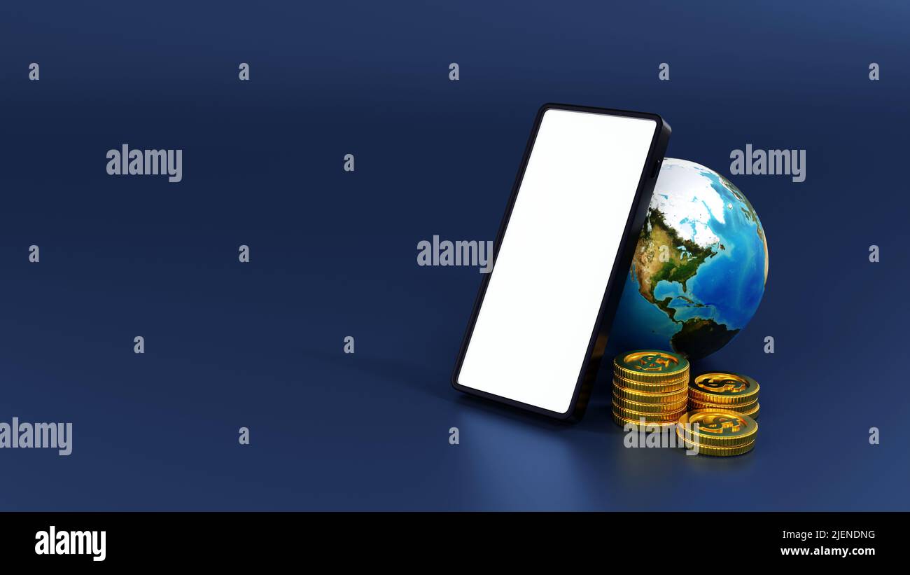 Smartphone avec pile de pièces d'or et globe ou terre, monde des affaires et des concepts financiers. 3D rendu. Élément par NASA Banque D'Images