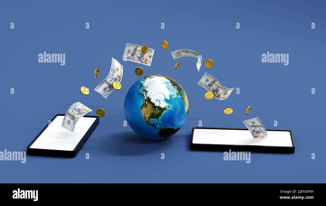 Concept de banque mobile, monnaie et billet de banque de dollar se déplaçant de smartphone à autre téléphone portable, transfert d'argent en ligne e-portefeuille, 3D rendu. Elément par N Banque D'Images