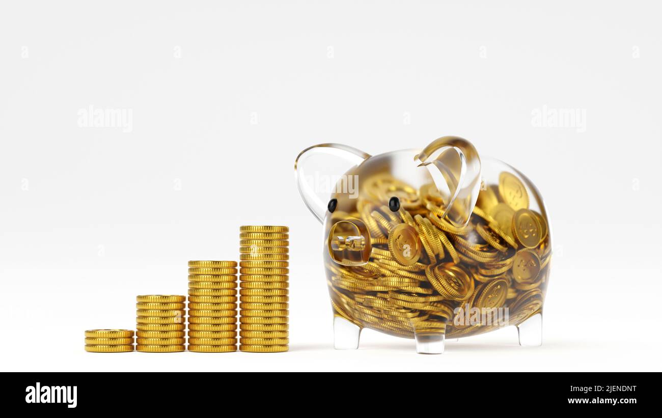 Banque de Piggy en verre avec pièce à l'intérieur et pile de pièces d'or, économiser ou d'argent ou d'ouvrir un concept de dépôt de banque, 3D rendu. Banque D'Images