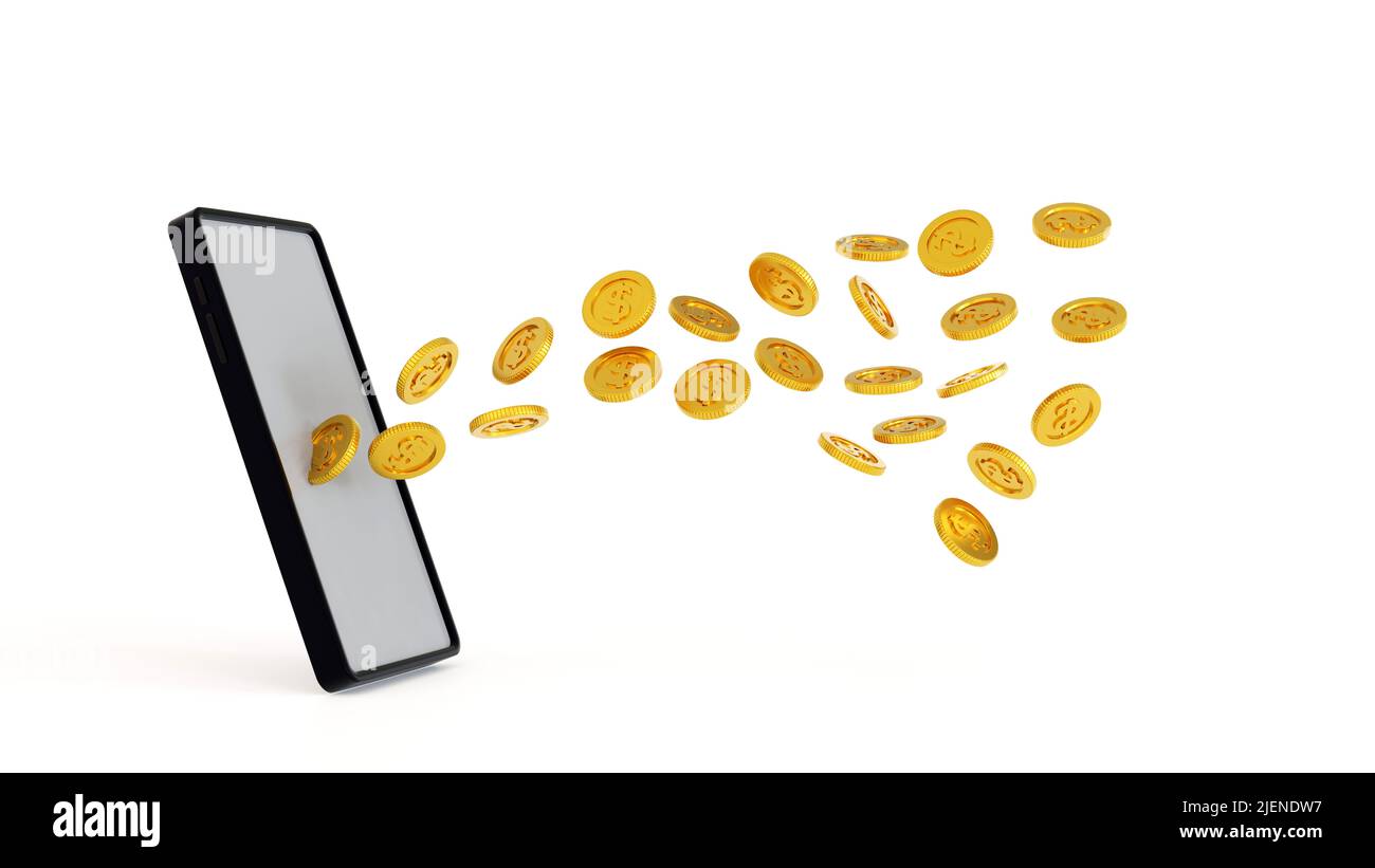 Concept de banque mobile, transfert de pièces de monnaie d'un smartphone à un autre téléphone portable, e-portefeuille de transfert d'argent en ligne, rendu 3D. Banque D'Images