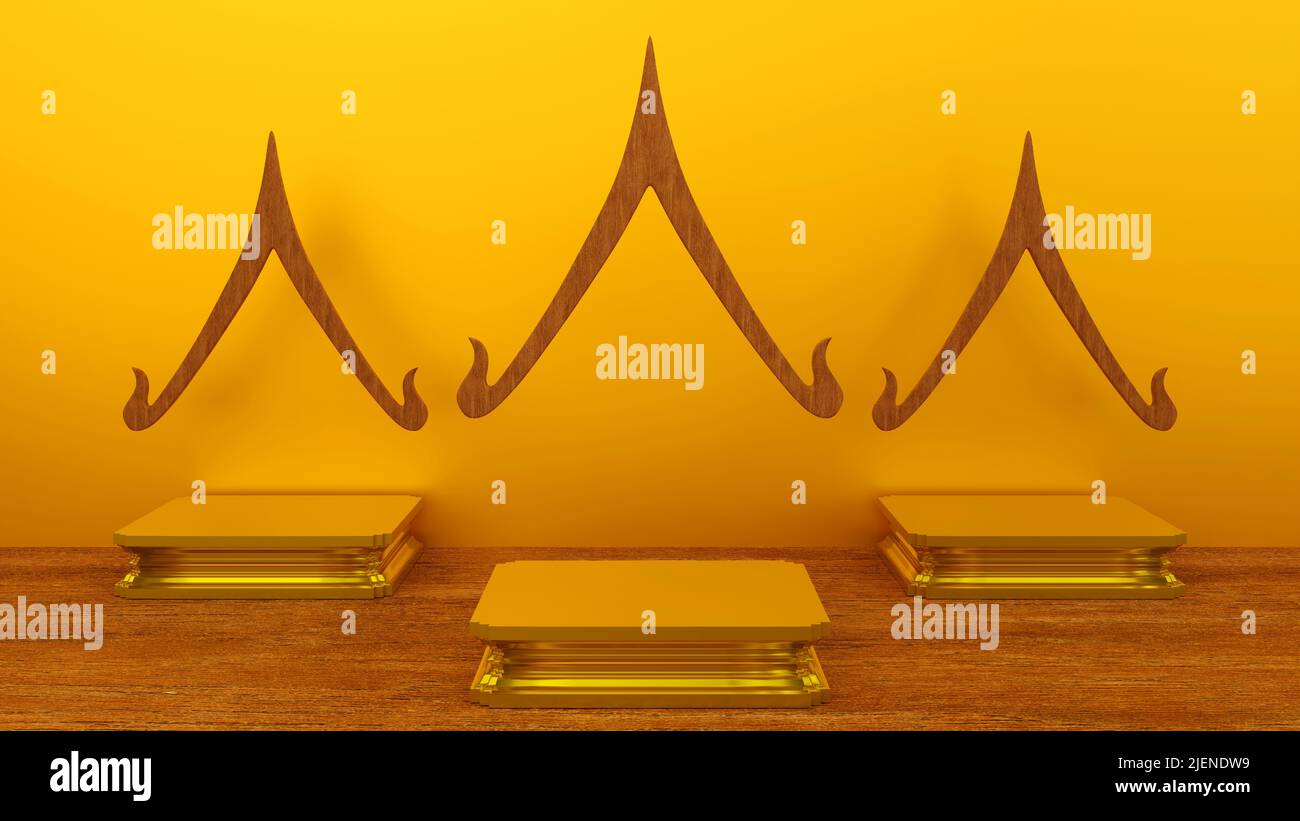 Podium d'or ou statue de Bouddha piédestal podium avec toit de maison pignon en forme de composition artistique de style thaï, étape pour le produit, 3D rendu. Banque D'Images