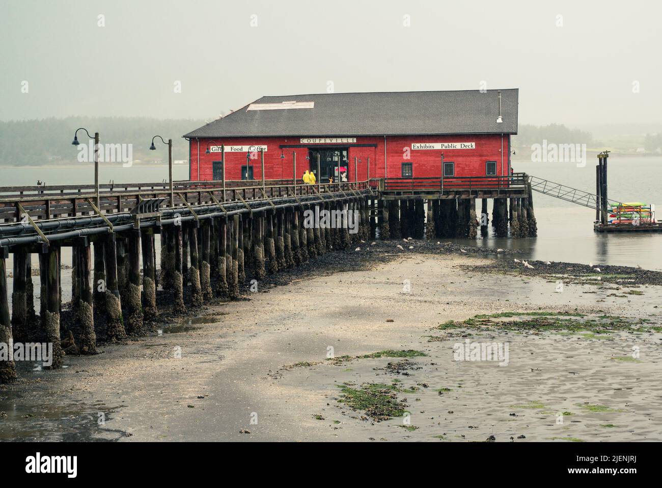 Vue depuis Coupeville Washington sur l'île Whidbey avec jetée et bâtiment historique en vue, par temps de pluie Banque D'Images