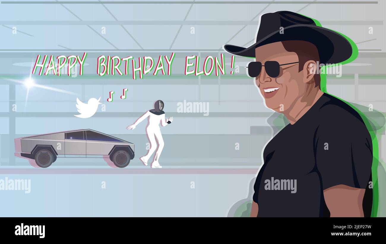 Joyeux anniversaire Elon. Elon Musk portrait, Tesla Bot, logo Twitter, Tesla CyberTruck. Banque D'Images