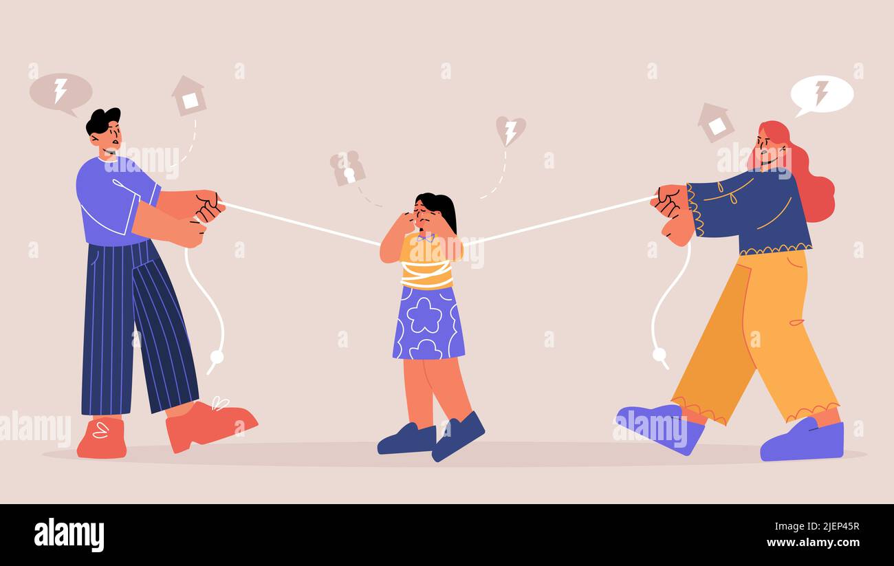 Bataille de garde à vue, divorce, remorqueur de guerre, division d'enfants, lutte pour la domination dans la famille. Parents tirant fille à différents côtés, lutte contre enfant, séparation de couple, Line art plat illustration vectorielle Illustration de Vecteur