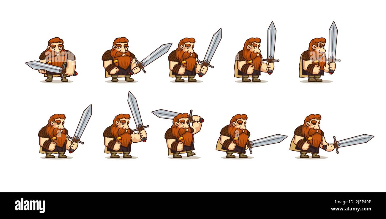 Les icônes de jeu définissent la séquence du cycle de marche viking du personnage. Feuille de sprite de dessin animé vectoriel d'homme de marche guerrier avec épée et cheveux rouges pour 2D animation Illustration de Vecteur