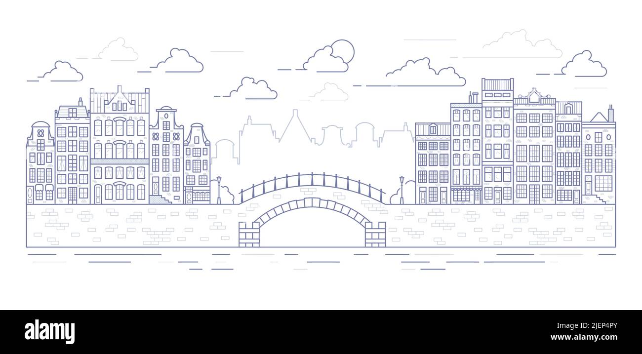 Maisons de style ancien d'Amsterdam.Maisons typiques des canaux hollandais bordées près d'un canal aux pays-Bas.Bâtiment et façades sur le pont.Contour vectoriel Illustration de Vecteur