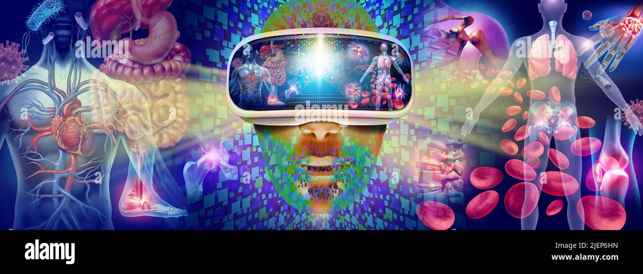 La médecine de réalité virtuelle et la technologie d'éducation médicale métaverse comme le corps humain et la maladie voient par un casque VR comme un système de santé Banque D'Images