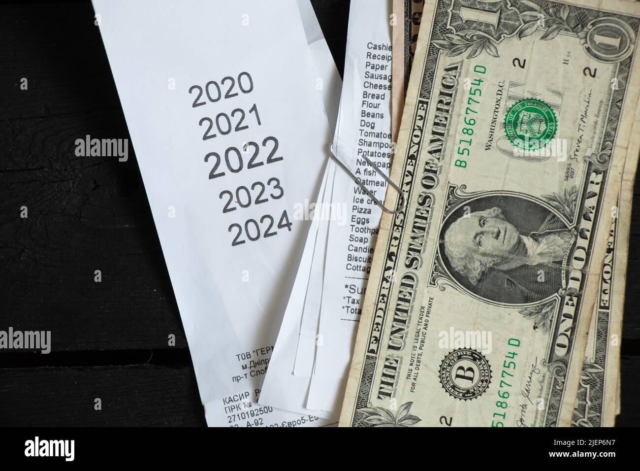 Liste des années 2020 2021 2022 2023 sur la caisse qui se trouve près des dollars américains, le reçu des ventes et l'argent, le sujet financier, les revenus en 2022 Banque D'Images