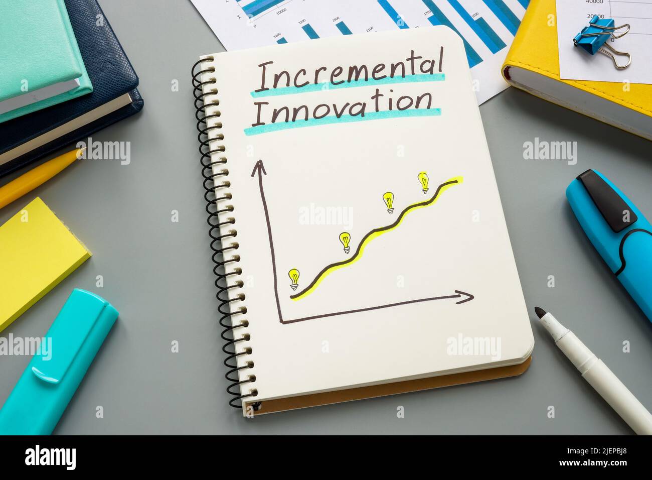 Ouvrez le bloc-notes avec un graphique sur l'innovation incrémentielle. Banque D'Images