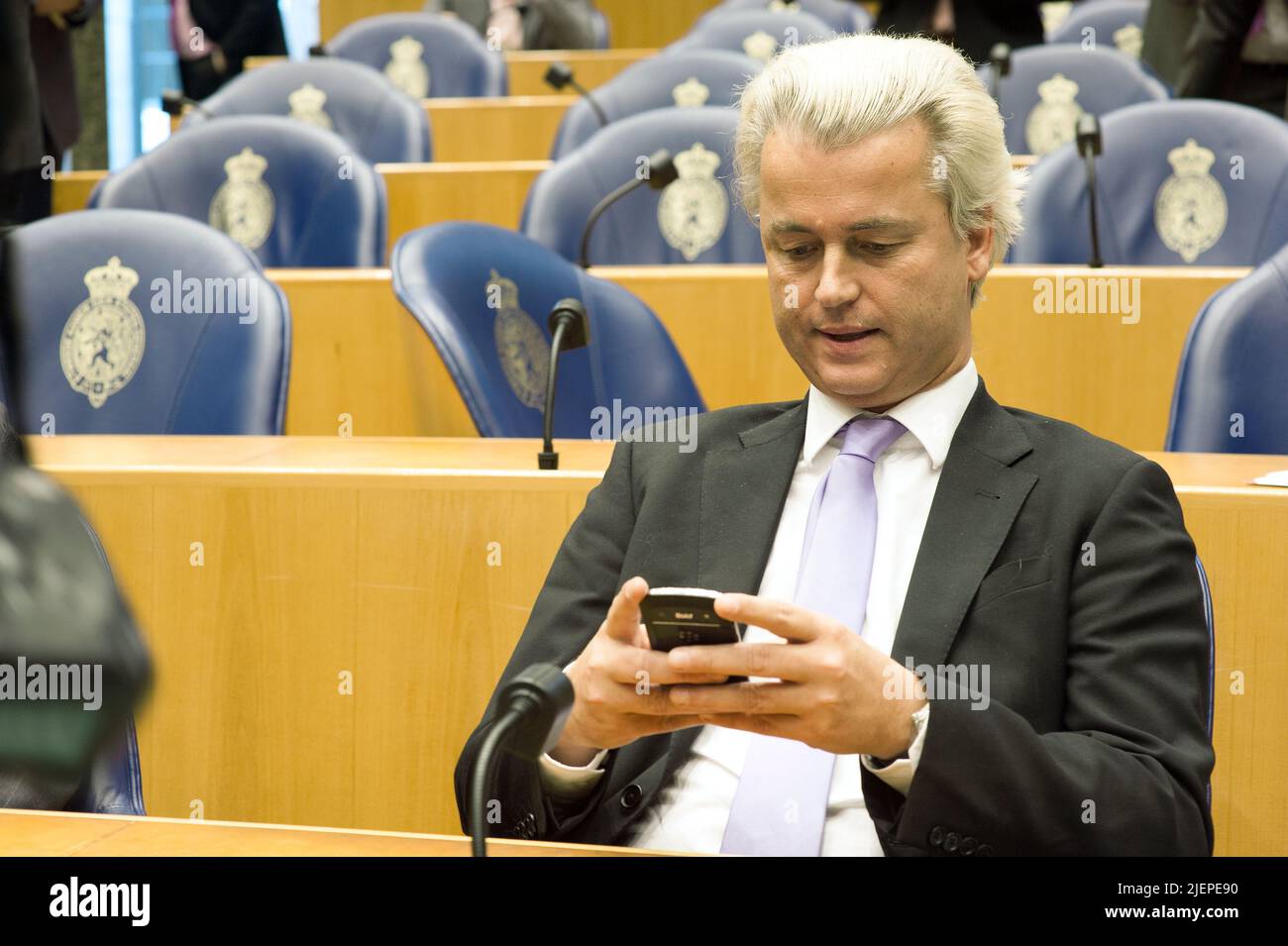 La Haye, pays-Bas. Portrait de Monsieur Geert Wilders, chef politique de la droite et de l'Alt droite du Parti PVV lors du débat parlementaire en 2nd Chambre du Parlement néerlandais. Banque D'Images