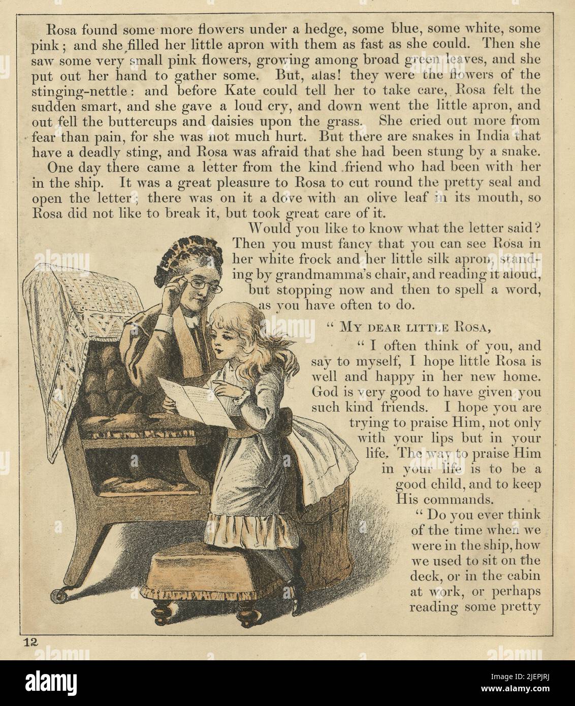 Fille lisant une lettre avec sa grand-mère, victorienne, 1880s, 19th siècle. Rosa le petit cousin de l'Inde Banque D'Images