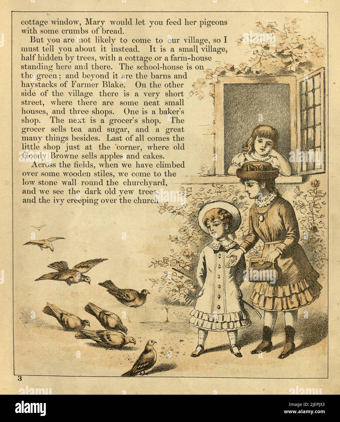 Les enfants victoriens, les filles se férant les oiseaux, les pigeons, 19th siècle Banque D'Images