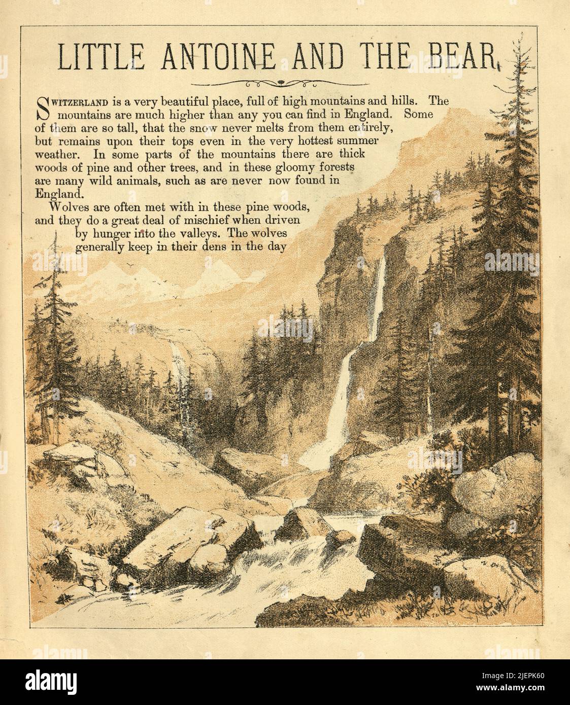 Illustration vintage, petit Antoine et l'ours, art du paysage suisse, victorien 1880s, 19th siècle Banque D'Images