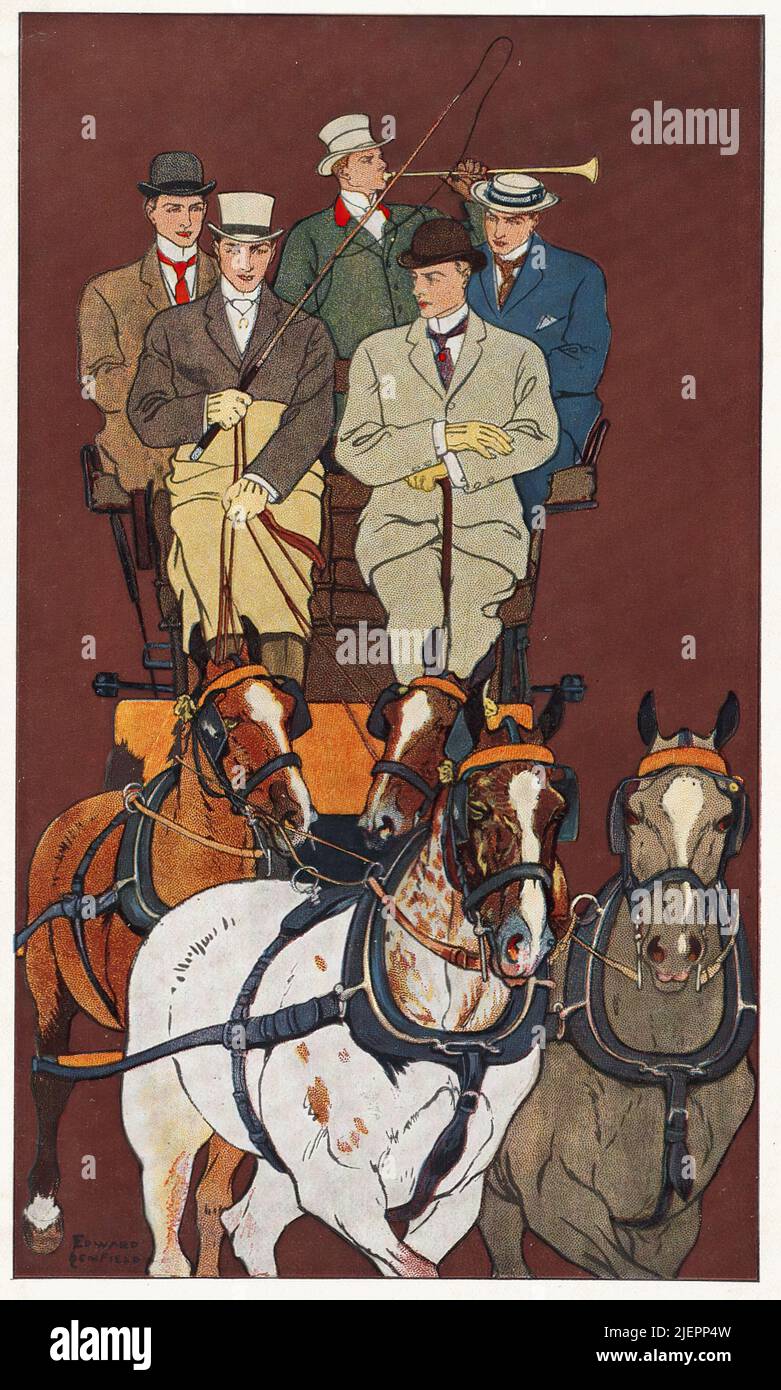 Illustration du début du 20th siècle par Edward Penfield (1866-1925) avec un groupe d'hommes américains sur un cheval et une calèche Banque D'Images