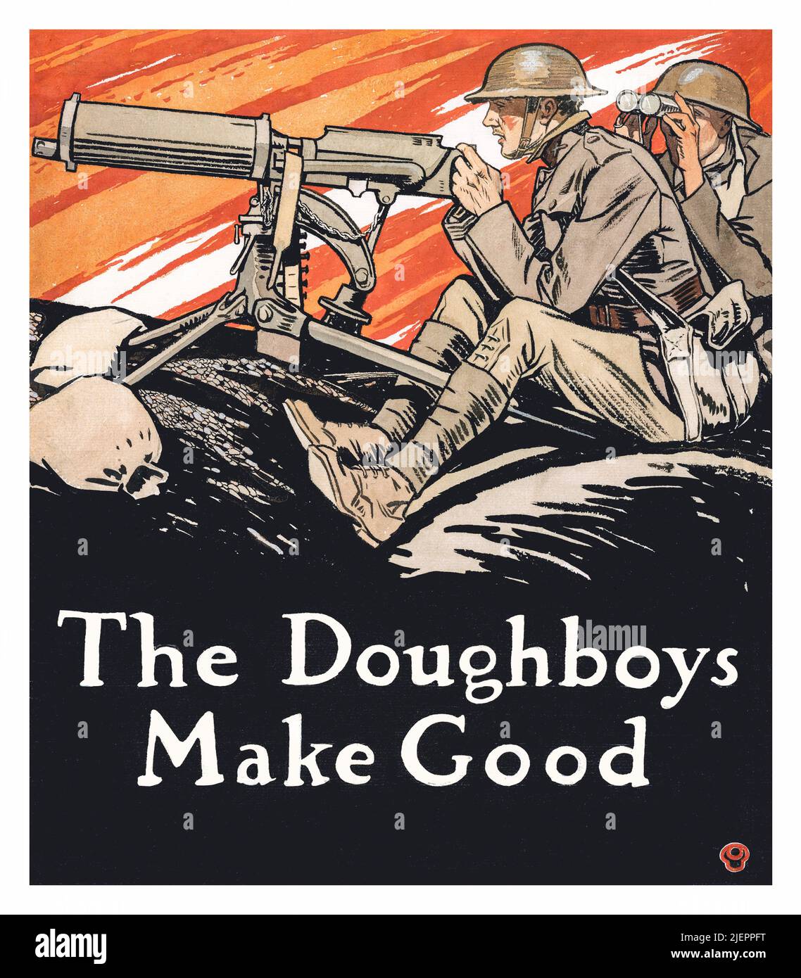Illustration du début du siècle 20th par Edward Penfield (1866-1925) mettant en vedette les doughboys américains (soldats) à leur poste de mitrailleuse pendant la première Guerre mondiale. Banque D'Images