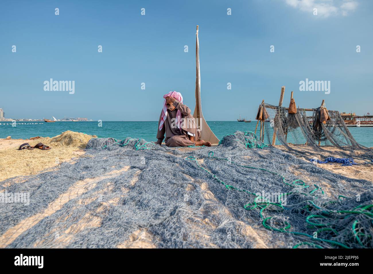 La vie de l'homme de Fisher du golfe Arabo-Persique - festival de dhow arabe Katara Beach Qatar Banque D'Images