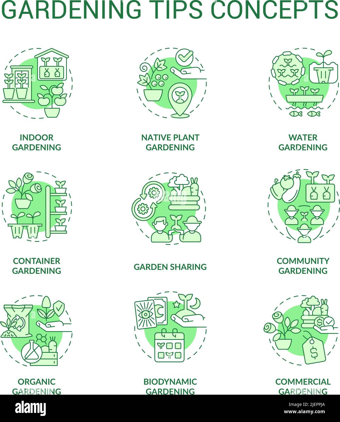 Conseils de jardinage vert concept icônes ensemble Illustration de Vecteur