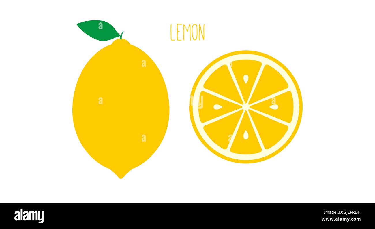 Citron mûr avec feuille à l'extérieur et coupé isolé sur blanc. Icône de fruit colorée. Illustration vectorielle. Illustration de Vecteur