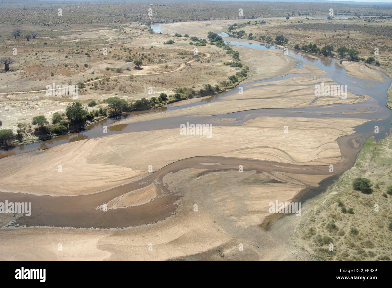 Le lit de la rivière sèche de la Grande Ruaha. Les mauvaises pluies de 2022 et l'extraction de l'eau en amont pour la culture du riz vont créer des problèmes Banque D'Images