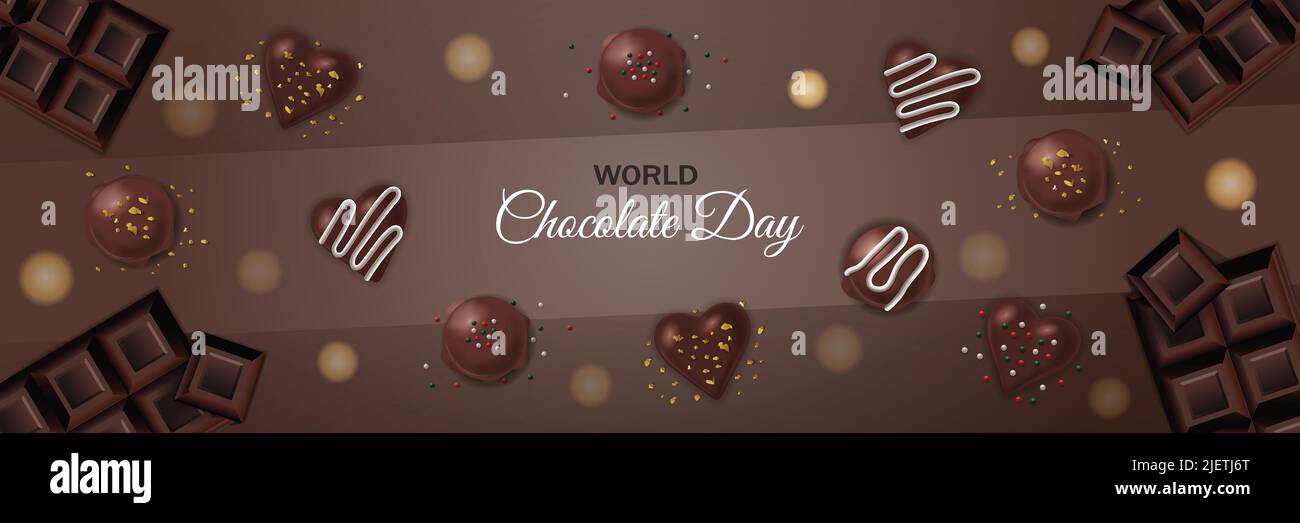 Affiche 7 juillet de la Journée mondiale du chocolat barres de chocolat, truffe de chocolat, bombes, forme de coeur, crème, Saupoudrer le vecteur d'arrière-plan horizontal réaliste de la bannière Illustration de Vecteur