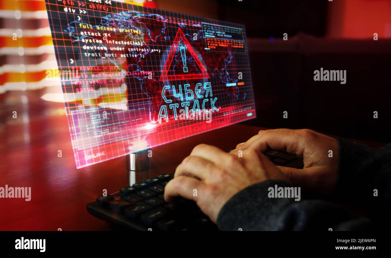 Cyberattaque sur écran d'ordinateur. Cyber-attaque, violation de sécurité et pirate russe résumé concept 3D avec effet de glitch. Homme tapant le clavier. Banque D'Images