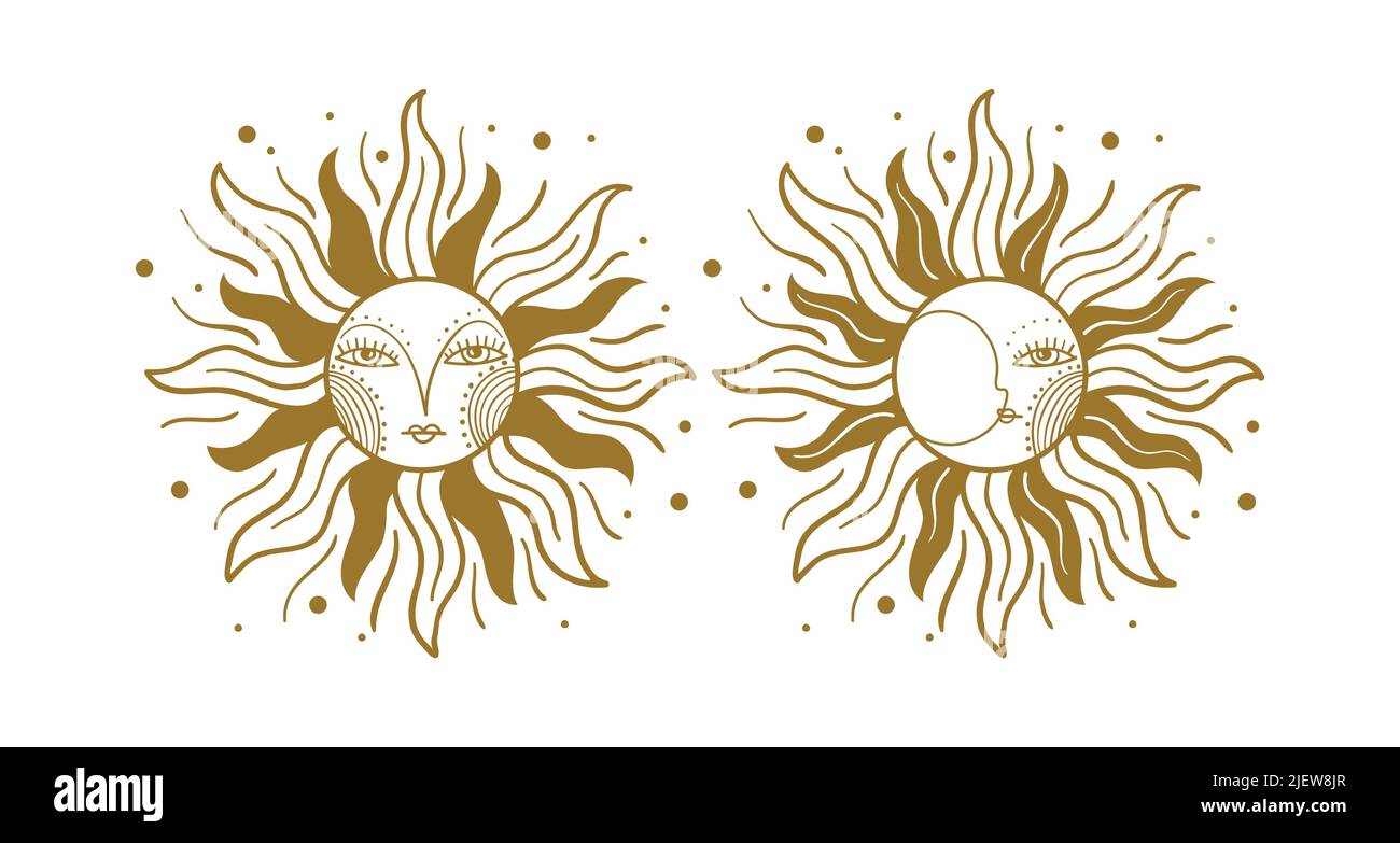Ensemble d'affiches soleil et lune. Icône de tarot mystique d'or isolée sur blanc. Dessin manuel vectoriel. Motifs vintage naïfs pour un motif boho Illustration de Vecteur