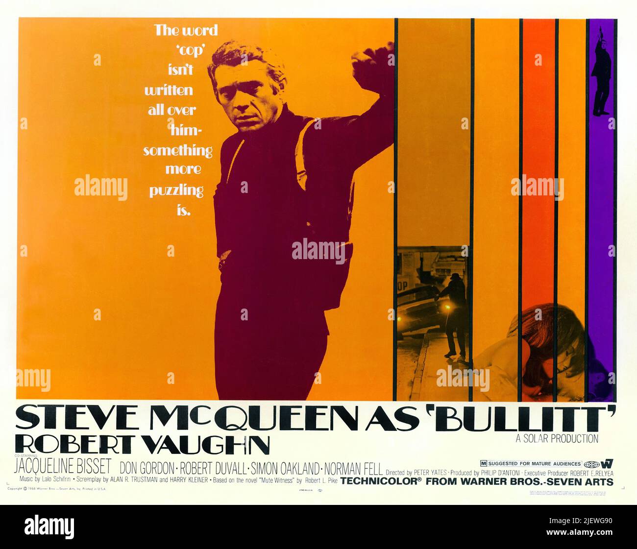 Affiche du film vintage - Bullitt - 1968 thriller d'action néo-noir américain , stars Steve McQueen, Robert Vaughn et Jacqueline Bisset Banque D'Images