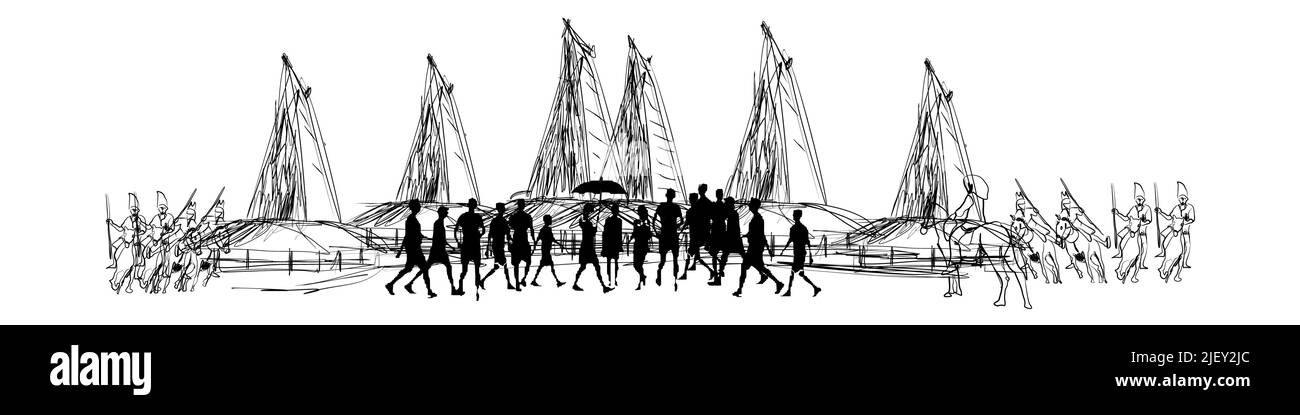 Maison traditionnelle de Sumba et illustration vectorielle de touristes Illustration de Vecteur